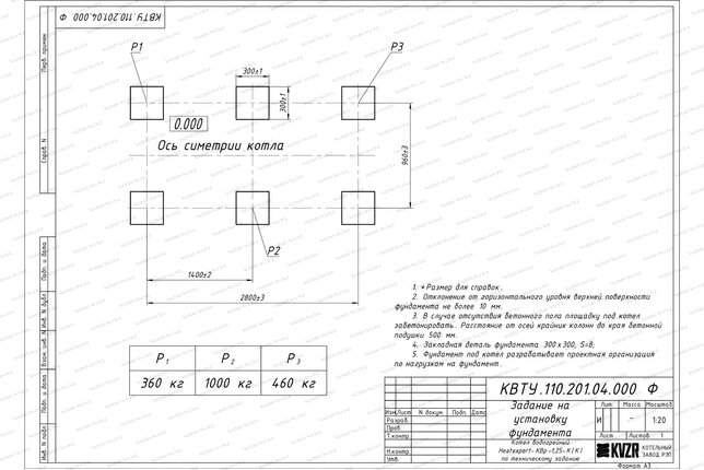 Чертеж изготовления фундамента котла КВр 1.25 с колосниками